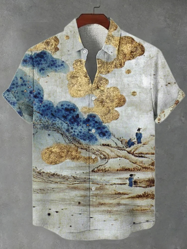 Kinkumo Sora Shirt – Japanese Gold Cloud Landscape Artistic Button-Up White (XS–6XL)