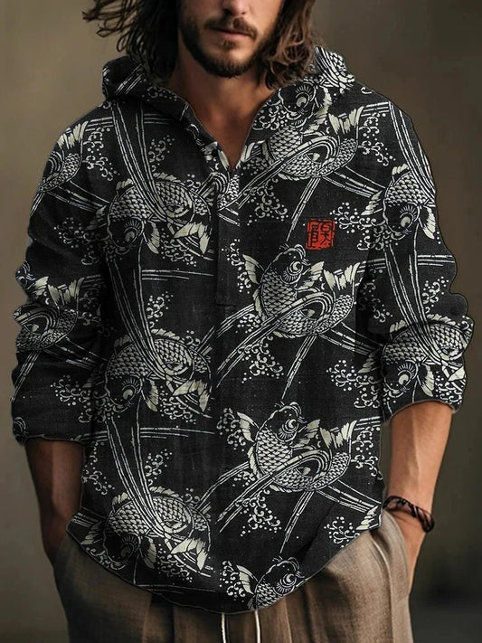 Koi Kuro Hoodie Shirt – Japanese Fish Pattern Artistic Pullover Black (XS–6XL)