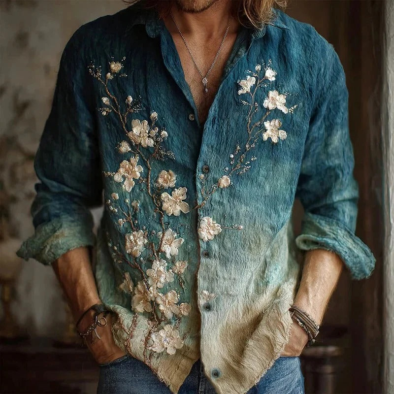 Aoi Sakura Gradient Linen Shirt – Japanese Floral Embroidery Casual Button Shirt (XS–6XL)