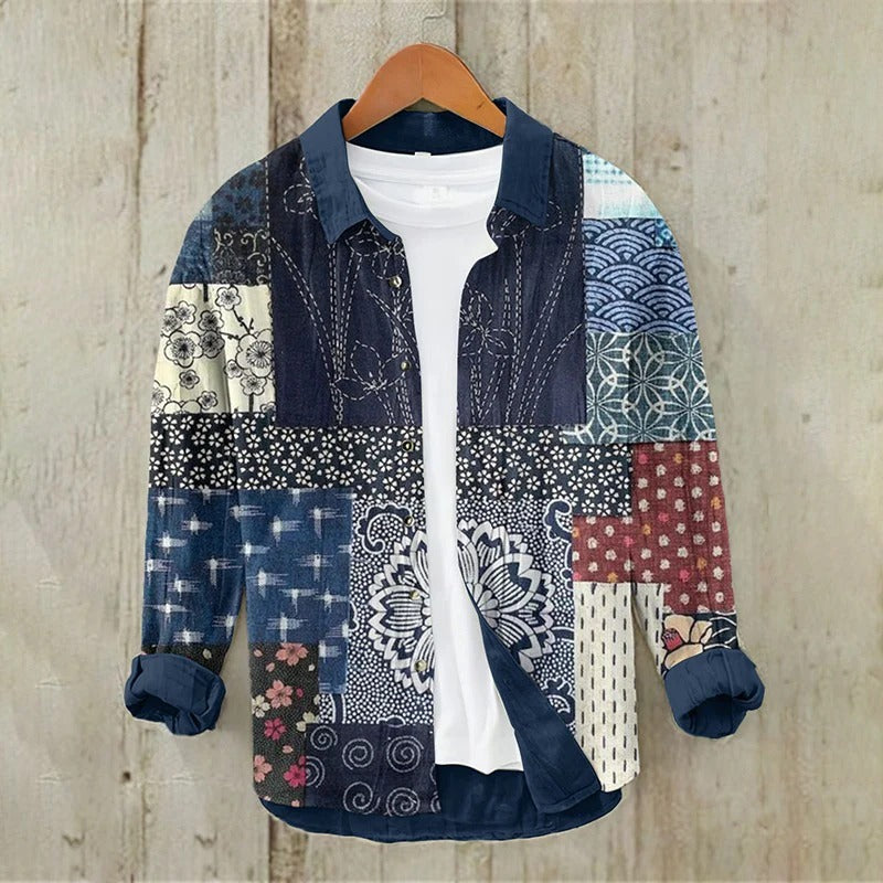 Kintsugi Patchwork Denim Shirt – Japanese Vintage Pattern Casual Button Shirt (XS–6XL)