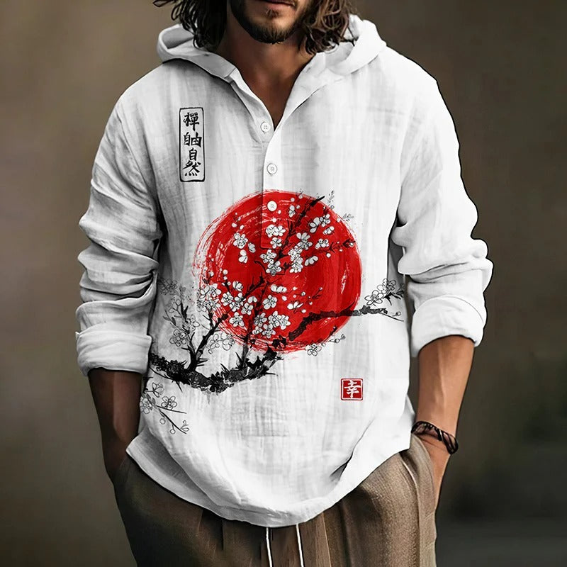 Hinode Sakura Zen Hoodie Shirt – Japanese Sun & Blossom Print Hooded Pullover (XS–6XL)