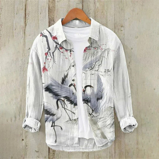 Tsuru Sakura Zen Shirt – Japanese Crane Blossom Button-Up White (XS–6XL)