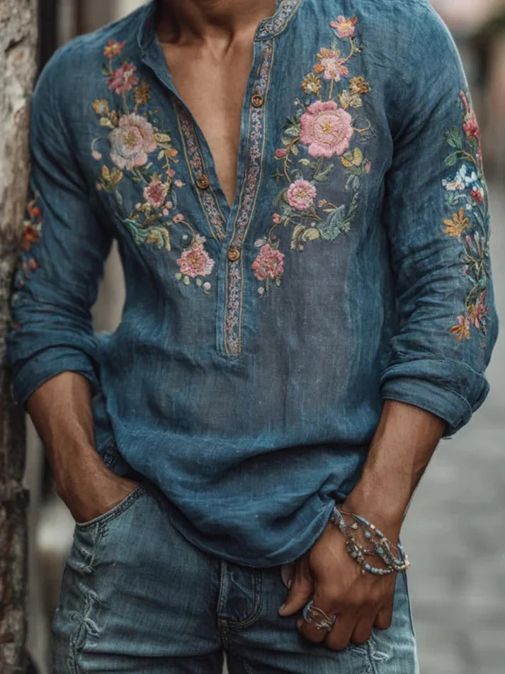 Hana Umi Linen Shirt – Japanese Floral Embroidered V-Neck Blue (XS–6XL)