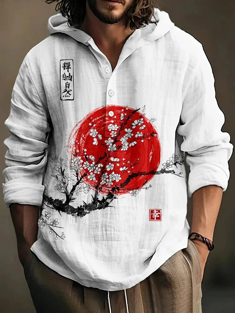 Hinode Sakura Zen Hoodie Shirt – Japanese Sun & Blossom Print Hooded Pullover (XS–6XL)