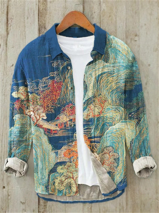 Mori Landscape Art Shirt – Japanese Scenic Print Casual Button Shirt (XS–6XL)