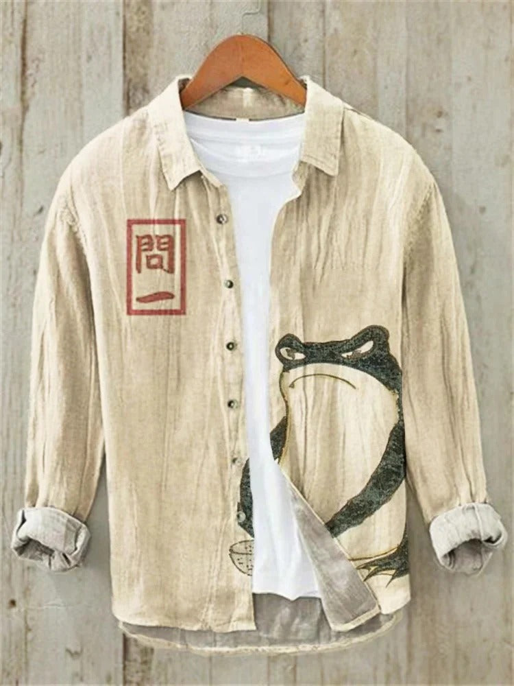 Kaeru Zen Linen Shirt – Japanese Frog Art Button-Up Beige (XS–6XL)