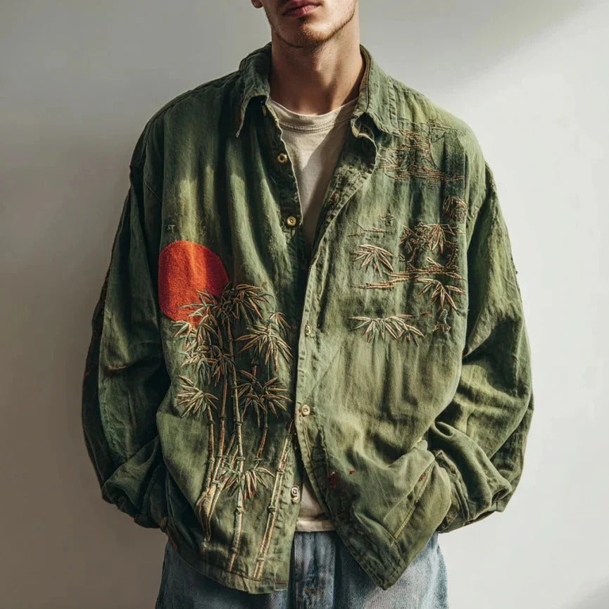 Akai Take Zen Shirt – Japanese Bamboo Sun Vintage Button-Up Green (XS–6XL)