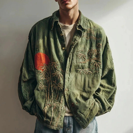 Akai Take Zen Shirt – Japanese Bamboo Sun Vintage Button-Up Green (XS–6XL)