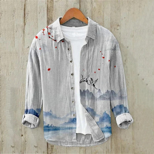 Kumo Tori Zen Shirt – Japanese Crane Landscape Button-Up Grey (XS–6XL)