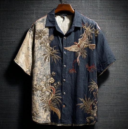 Japanese Phoenix Embroidered Shirt – Vintage Dual Tone Artistic Button-Up (XS–6XL)