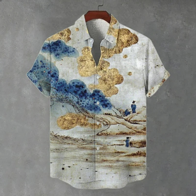 Kinkumo Sora Shirt – Japanese Gold Cloud Landscape Artistic Button-Up White (XS–6XL)