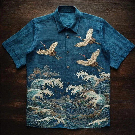 Tsuru Wave Shirt – Japanese Crane Ocean Artistic Button-Up Blue (XS–6XL)