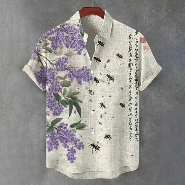 Japanese Floral Bee Shirt – Wisteria Print Artistic Linen Style Button-Up (XS–6XL)