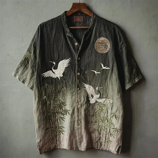 Tsuru Take Zen Shirt – Japanese Crane Bamboo Artistic Button-Up Gradient (XS–6XL)