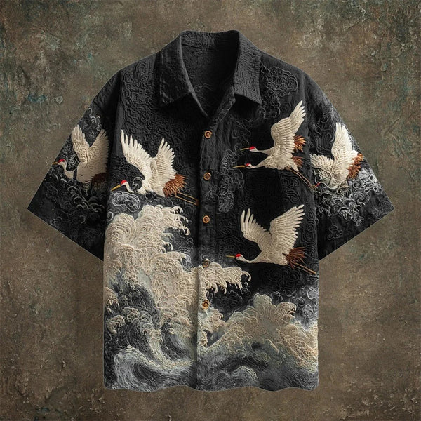 Japanese Crane Wave Embroidered Shirt – Premium Black Artistic Button-Up (XS–6XL)