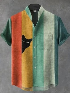 Color Block Cat Graphic Shirt – Minimal Artistic Casual Button-Up (XS–6XL)