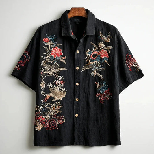 Japanese Floral Crane Embroidered Shirt – Black Vintage Artistic Button-Up (XS–6XL)