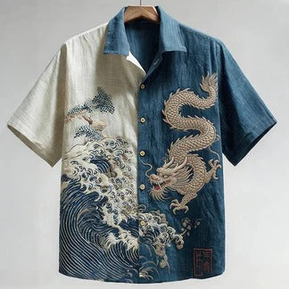 Ryūjin Umi Split Shirt – Japanese Dragon Wave Artistic Button-Up Blue Beige (XS–6XL)