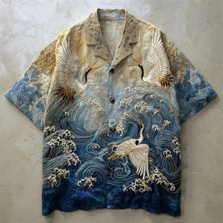 Japanese Crane Wave Shirt – Vintage Ocean Artistic Button-Up Beige Blue (XS–6XL)