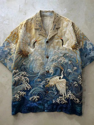 Japanese Crane Wave Shirt – Vintage Ocean Artistic Button-Up Beige Blue (XS–6XL)