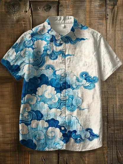 Kumo Umi Shirt – Japanese Cloud Wave Artistic Button-Up White Blue (XS–6XL)