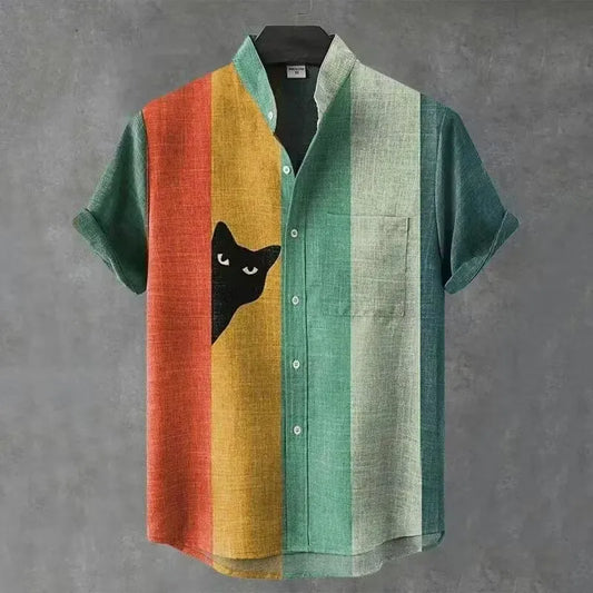 Color Block Cat Graphic Shirt – Minimal Artistic Casual Button-Up (XS–6XL)