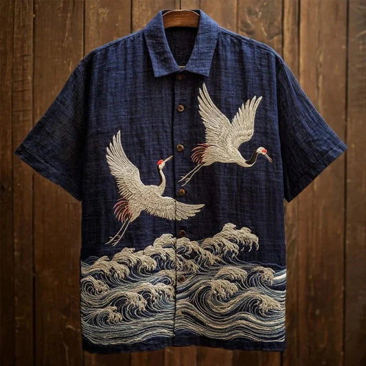 Tsuru Umi Indigo Shirt – Japanese Crane Wave Artistic Button-Up Navy Blue (XS–6XL)