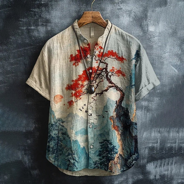 Japanese Maple Landscape Shirt – Artistic Nature Print Linen Style Button-Up (XS–6XL)