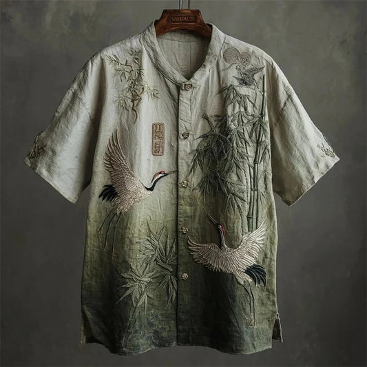 Tsuru Take Kumo Shirt – Japanese Crane Bamboo Zen Button-Up Gradient Green (XS–6XL)