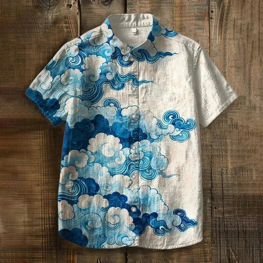 Kumo Umi Shirt – Japanese Cloud Wave Artistic Button-Up White Blue (XS–6XL)