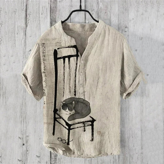 Neko Sumi Chair Shirt – Japanese Ink Art Cat Minimalist Button-Up Beige (XS–6XL)