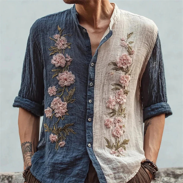 Sakura Indigo Split Shirt – Japanese Blossom Embroidered Button-Up Blue Beige (XS–6XL)