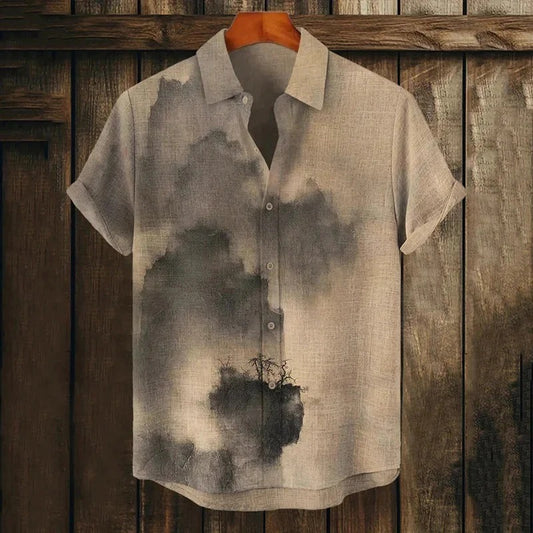 Sumi-e Ink Wash Shirt – Japanese Minimalist Artistic Button-Up Beige (XS–6XL)