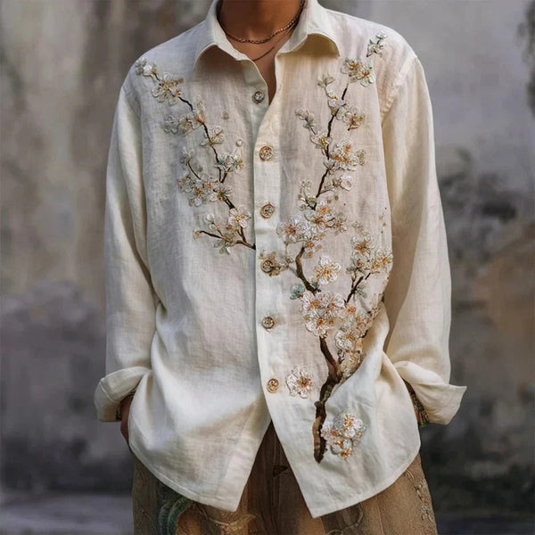Sakura Hana Zen Shirt – Japanese Blossom Embroidered Button-Up Cream White (XS–6XL)