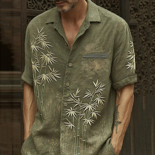 Japanese Bamboo Embroidered Shirt – Olive Green Linen Style Casual Button-Up (XS–6XL)