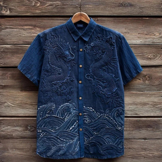 Ryūjin Dragon Wave Shirt – Japanese Embroidered Ocean Button-Up Blue (XS–6XL)