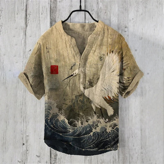 Tsuru Sumi Umi Shirt – Japanese Crane Wave Ink Art Button-Up Beige (XS–6XL)