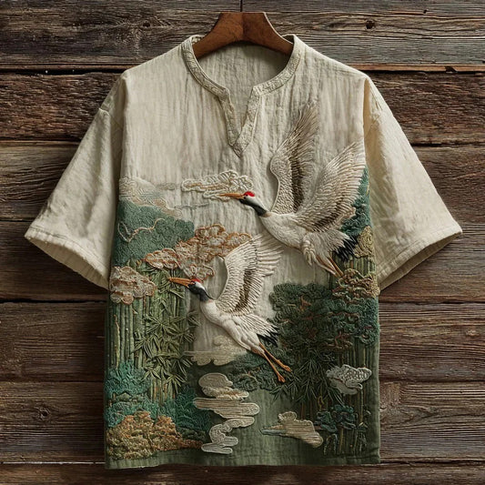 Japanese Crane Bamboo Embroidered Shirt – Vintage Artistic Linen Style Top (XS–6XL)