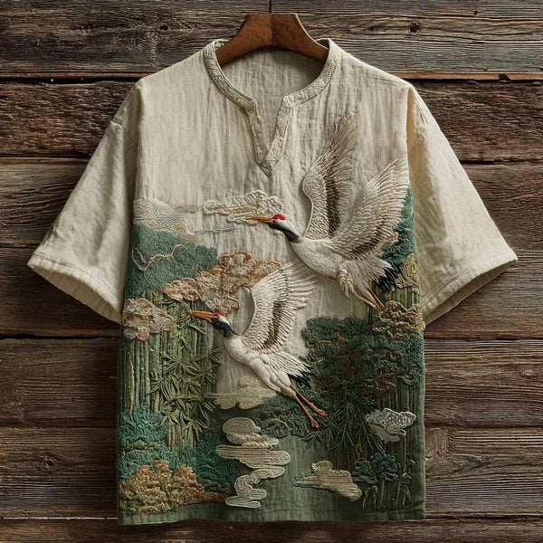 Japanese Crane Bamboo Embroidered Shirt – Vintage Artistic Linen Style Top (XS–6XL)
