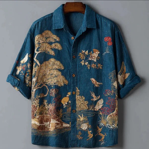 Japanese Garden Bird Shirt – Vintage Landscape Artistic Button-Up Blue (XS–6XL)